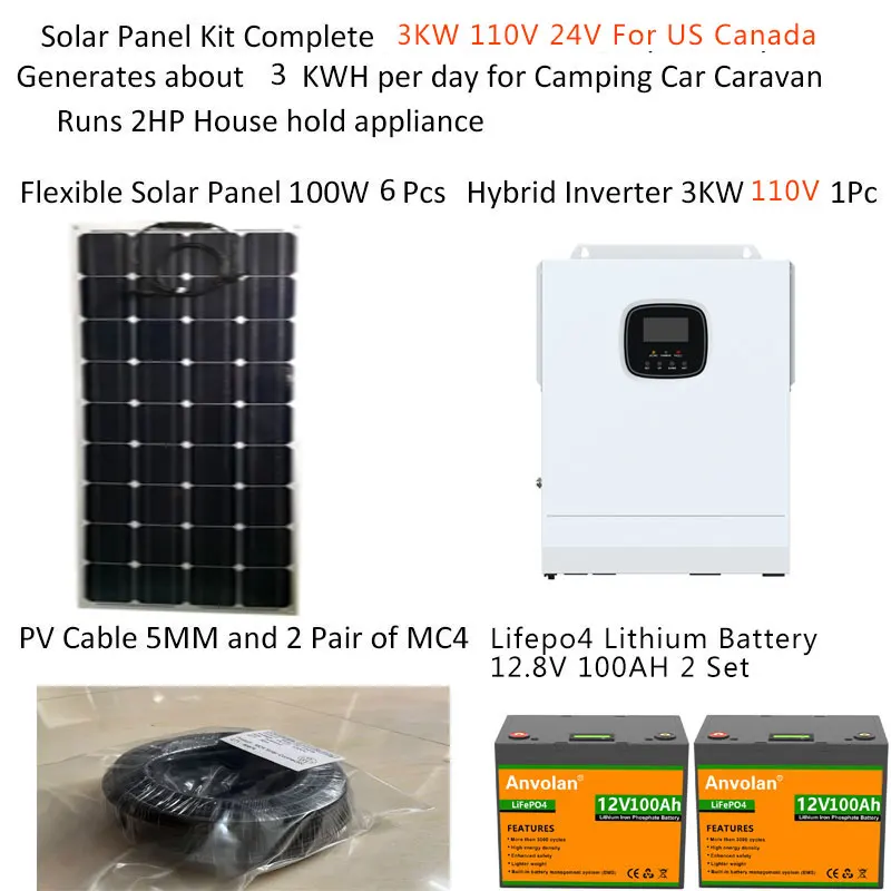 Solar Panel Kit Complete With Lifepo4 Lithium Lead Acid Battery 3000w 3KW 110v 220V Hybrid Inverter Off Grid Car Camping Boat