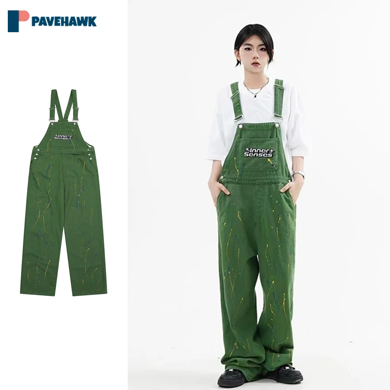 

Washed Denim Strap Pants Man Graffiti Letter Embroidery Cowboy Rompers Pants Women Oversized High Street Cargo Jumpsuit Trousers