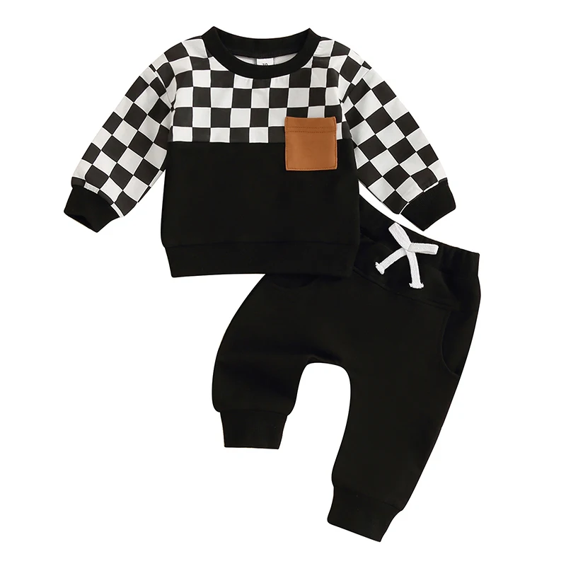 Toddler Baby Boy Fall Outfits Checkered Print Pocket Crewneck Sweatshirt and Pants Set 2Pcs Checkerboard Clothes