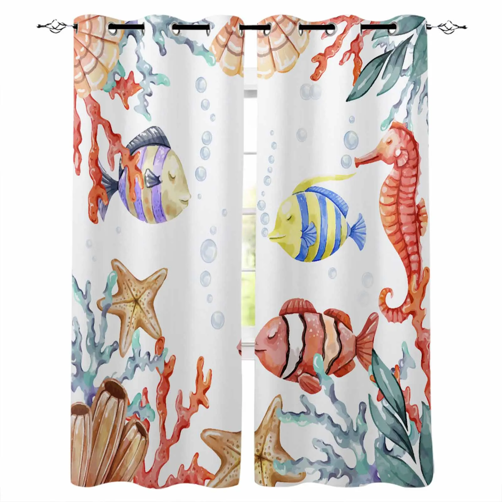 

Ocean Coral Fish Watercolor Window Curtains for Living Room Luxury Bedroom Decor Curtains Kitchen Balcony Drapes