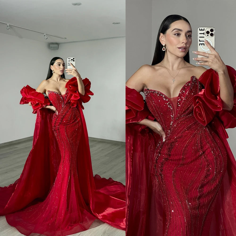 

Luxury Evening Dress Red Beaded Crystal Mermaid Sweetheart Cape Sweep Train Women Special Occasion Party Gowns Customized