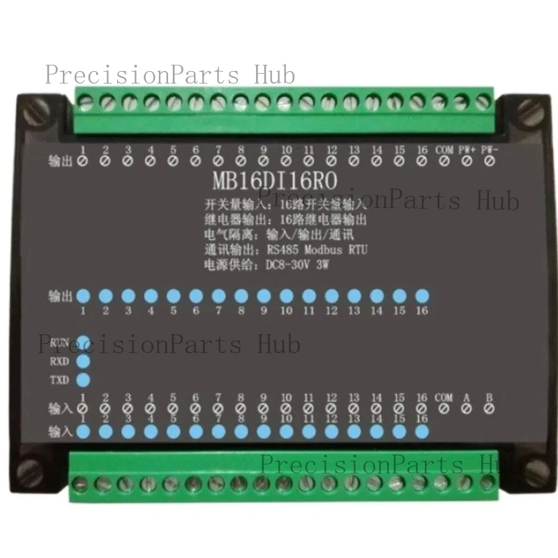 16 digital isolated inputs, 16 relay isolated outputs, acquisition and control, RS485Modbus module