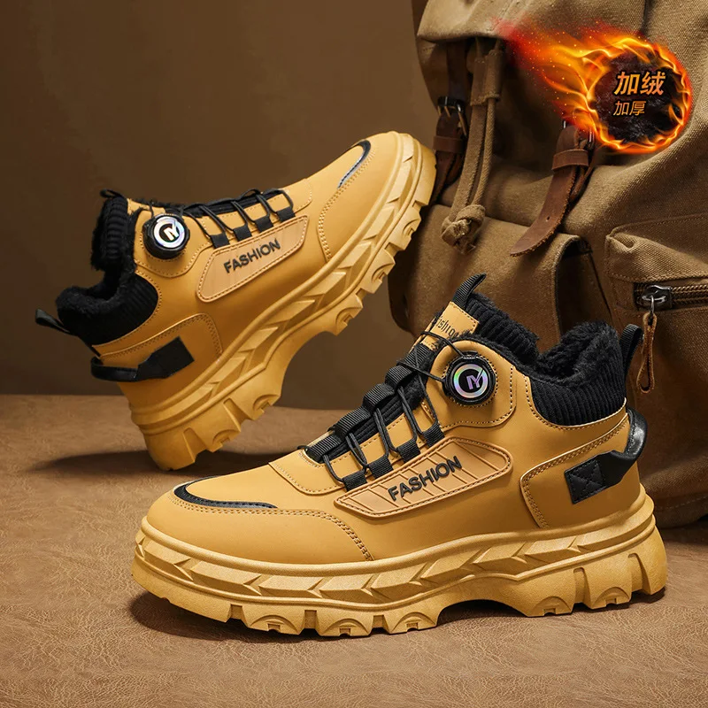 Fashion Mens Rotating Buckle High-Top Boots Thick-soled Wear-resistant Work Shoes Warm Comfortable in Winter Casual Cotton Shoes