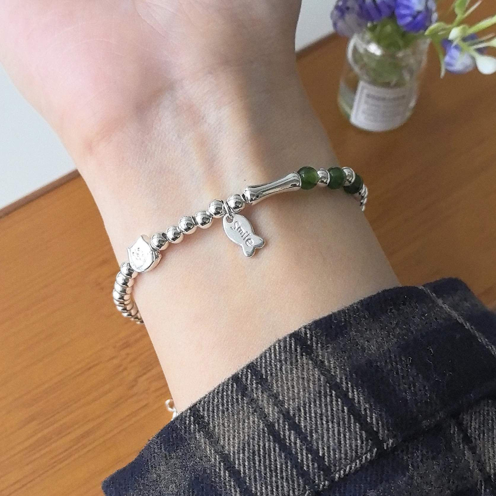 

925 Silver Bracelet Fish Shell Green Red Beads Smile Cat Kitten Pearl For Woman Girl Fashion Jewelry Gift Dropship Wholesale