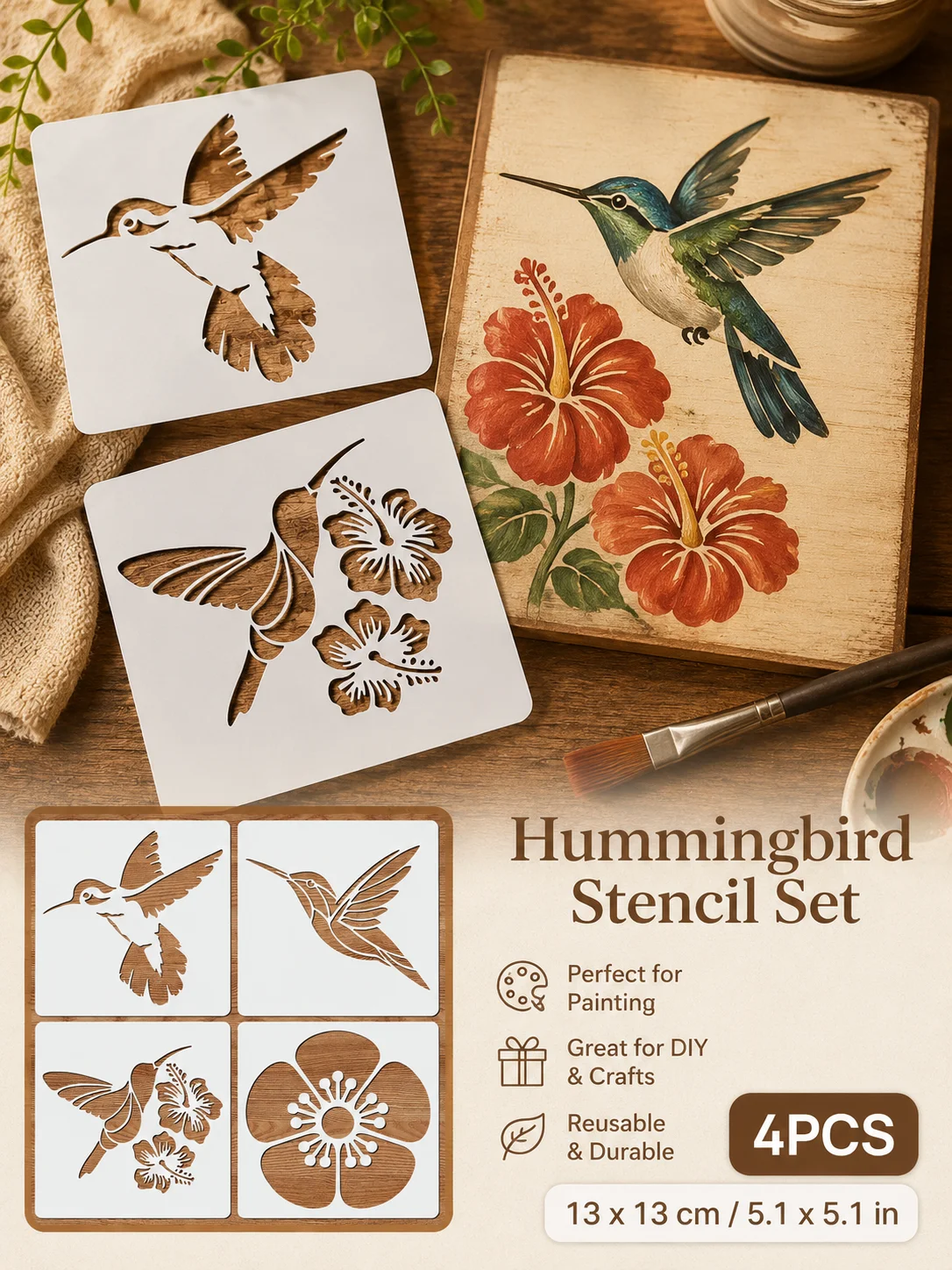 4 Stück 5,1 x 5,1 Zoll große Kolibri-Blumen-Schablonen, wiederverwendbare Vogel- und Blumenmalvorlagen für DIY-Wanddekoration auf Leinwand und Stoff – Detail 8