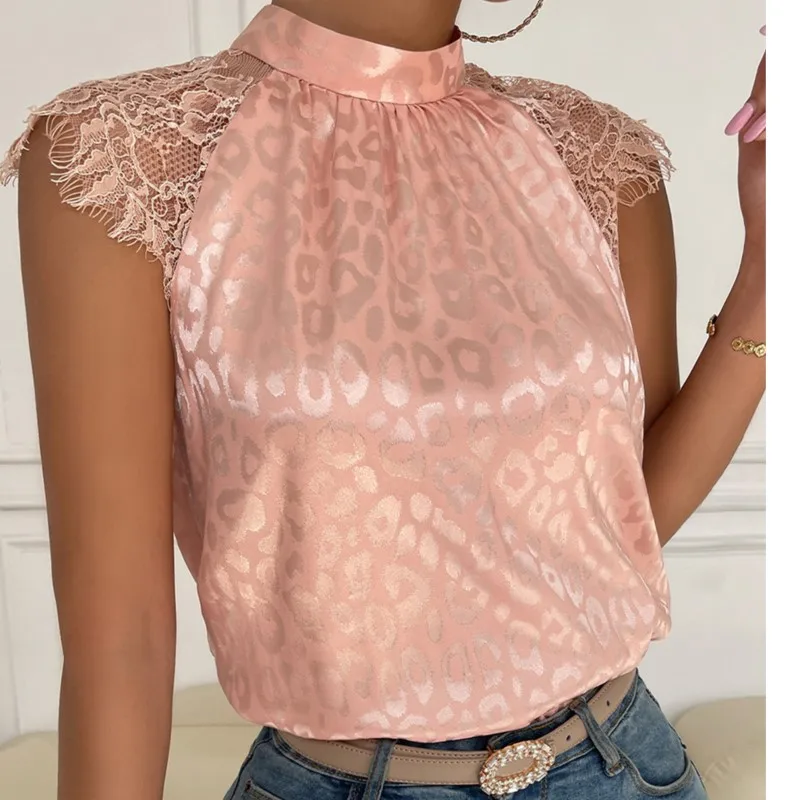 2026 気質シャツブラウス女性のための Blusas トップス婦人服カジュアルスリムレースパッチワークヒョウ柄ハーフハイカラー