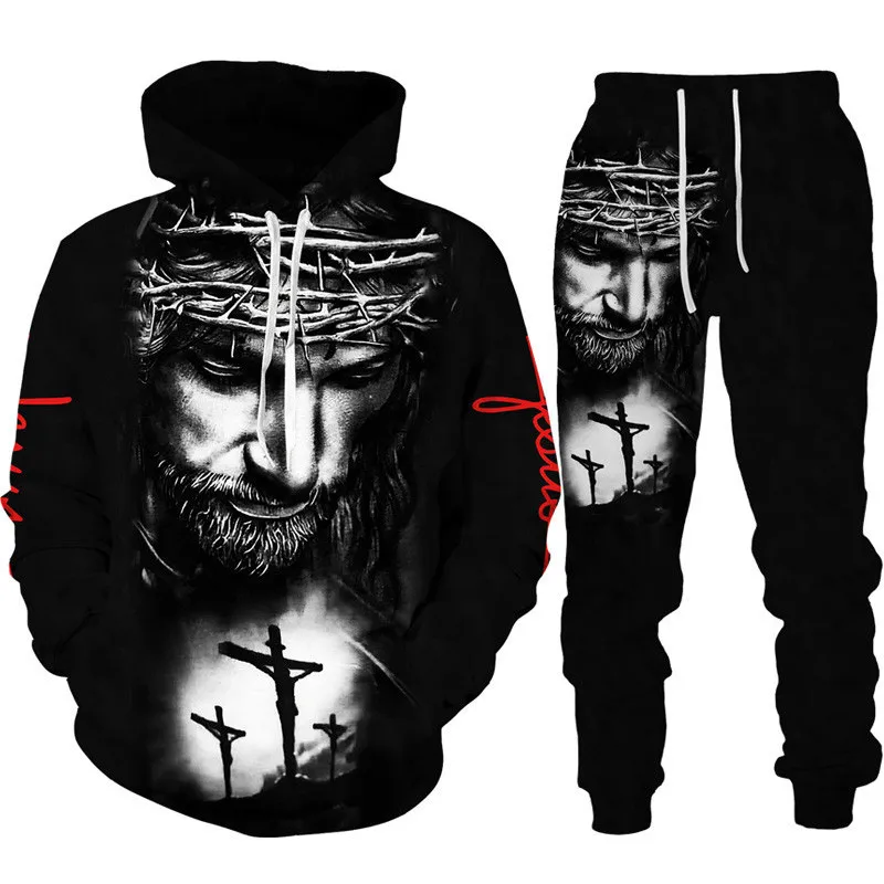 Two Piece Set Christian Bible Faith Jesus God Men\'s Hoodie/Suit Cool 3D Lion Printed Streetwear Couple Clothes Jogging Tracksuit