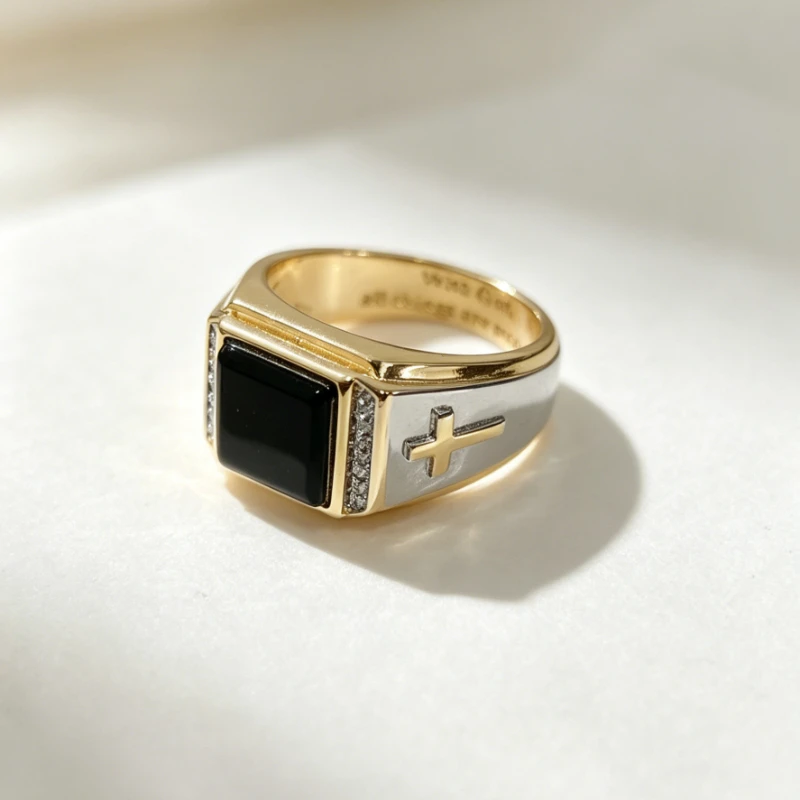European and American Cross Black Agate Men's Ring - Faith in God's Possibility of Everything - Ring