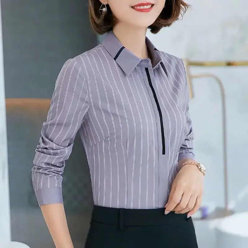 

Long Sleeve All-match Slim Office Shirt Tops Elegant Vintage Women Clothing Spring Summer New Striped Slim Blouse Polo Neck