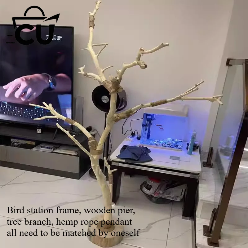 Natural Wood Bird Stand with Branch, Perch, Swing, and Solid Wood Base for Parrot Cage Accessories