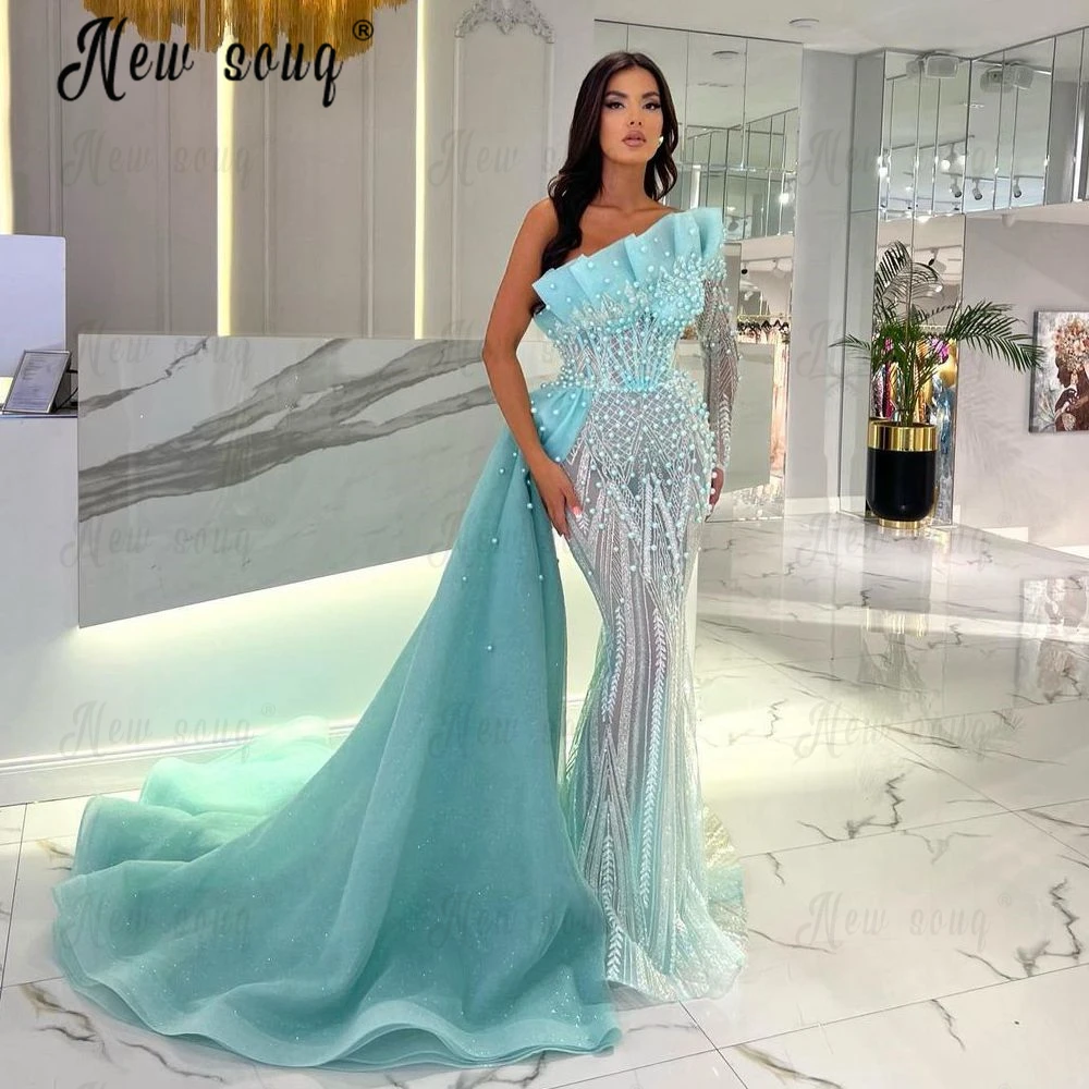 Vestido de noche largo de sirena para mujer, traje de lujo turquesa con un hombro descubierto, Formal, con perlas, para fiesta de graduación, 2023