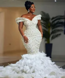 Customized Shinny Heavy Handwork Pearls Trumpet Wedding Gowns For Bride Off The Shoulder Luxury Bridal Gown With Tiers Tulle