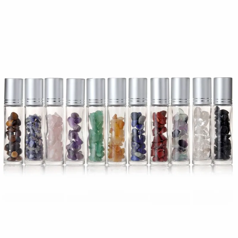 12pcs Essential Oil Bottles Roll On Roller Ball Crystal Chips Semiprecious Stones Bottle 10ml Refillable Perfume Empty Container