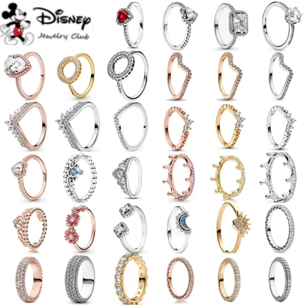 Disney Classic Crown Water Droplet Heart Ring Light Luxury Charm Exquisite Fit Pandora Valentine's Day Fashion Jewelry Gift