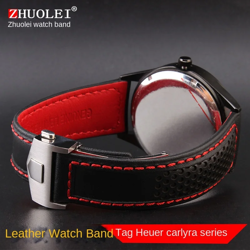 19mm 20mm 22m cowhide watchband For TAG Heuer Calera Monaco F1 black red Men Genuine leather strap metal Folding buckle bracelet