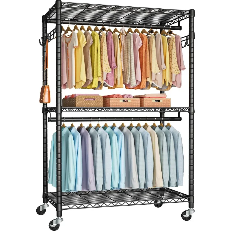 P1 Plus Rolling Clothes Rack, 22mm Diameter Heavy Duty Garment Rack with Wheels, Portable Closet Wardrobe with Double Rods