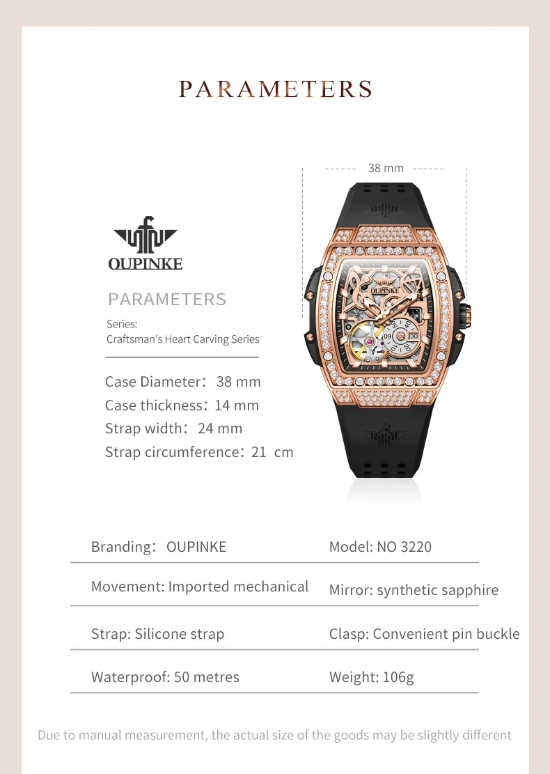 OUPINKE Full Diamond Elegant Luxury Women's Watch Original Automatic Mechanical Watch Women's Black Silicone Strap Waterproof