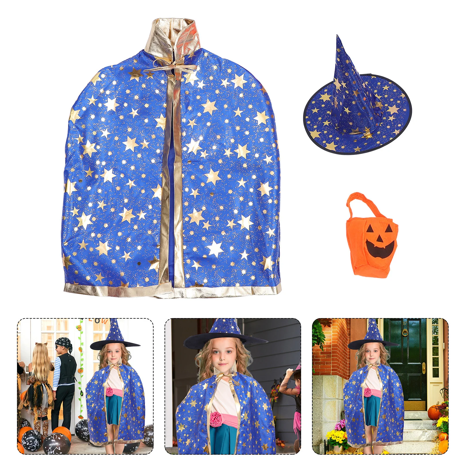 

1Set Witch Cloak Hat Pumpkin Bag Halloween Costume Kids Cosplay Dress-Up Children Wizard Cape Party Set Witch Cloak with Hat