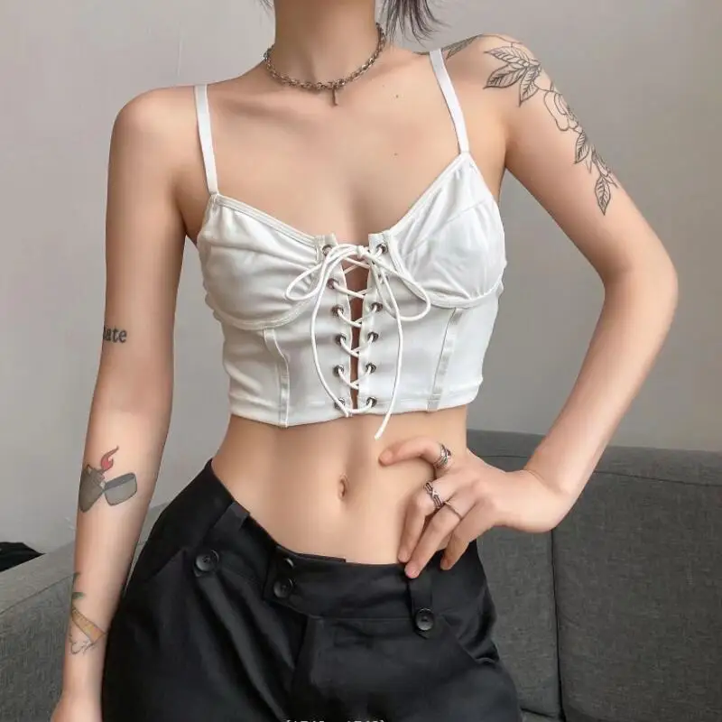 

Women Y2K Lace-Up White Tank Crop Top Bustier Corset Sexy Adjustable Straps Chest Binder Fashion Sweet Camisole p430