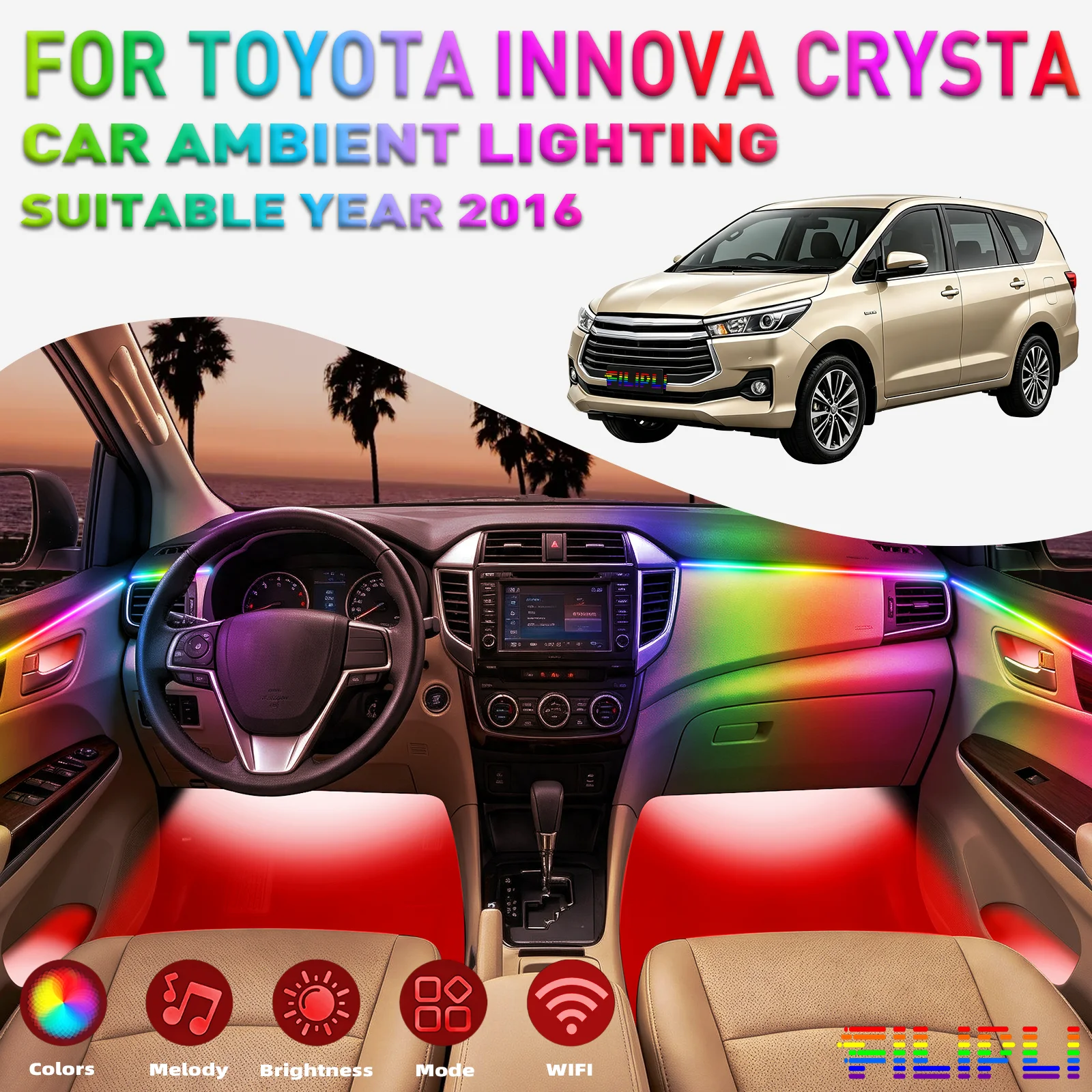 For TOYOTA Sienna 2024-2025 Car Ambient Lighting colorful 6 Lights Kit 256 Colors Iridescent 6-in-1 LED Interior Hidden Acrylic Strip Symphony Atmosphere Lamp Neon Acrylic Light Strip Lighting and Decorative Lamps Long Standby Car Decorative Light