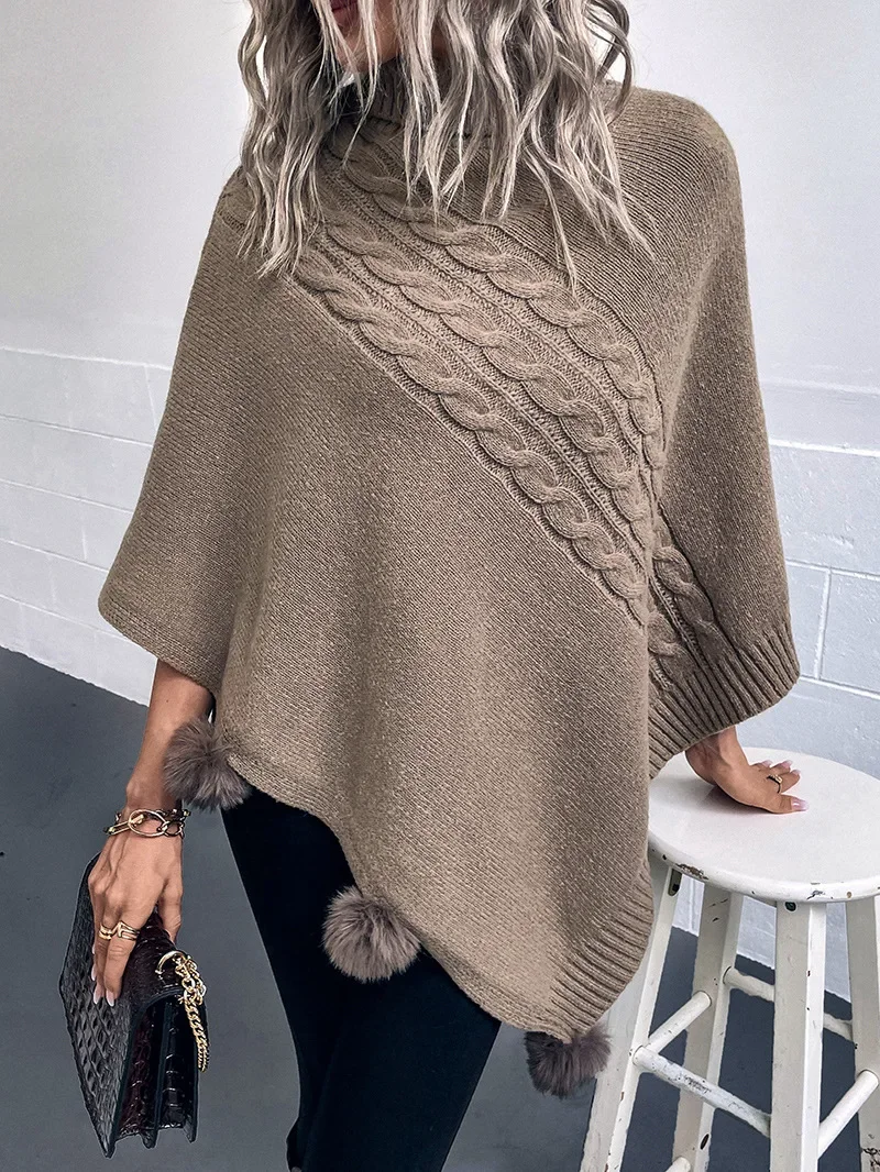 Winter Fur Triangle High Neck Streetwear Women Pompon Twists Poncho Knitted Cape Loose Long Pullovers Shawl Sleeveless Knitwear