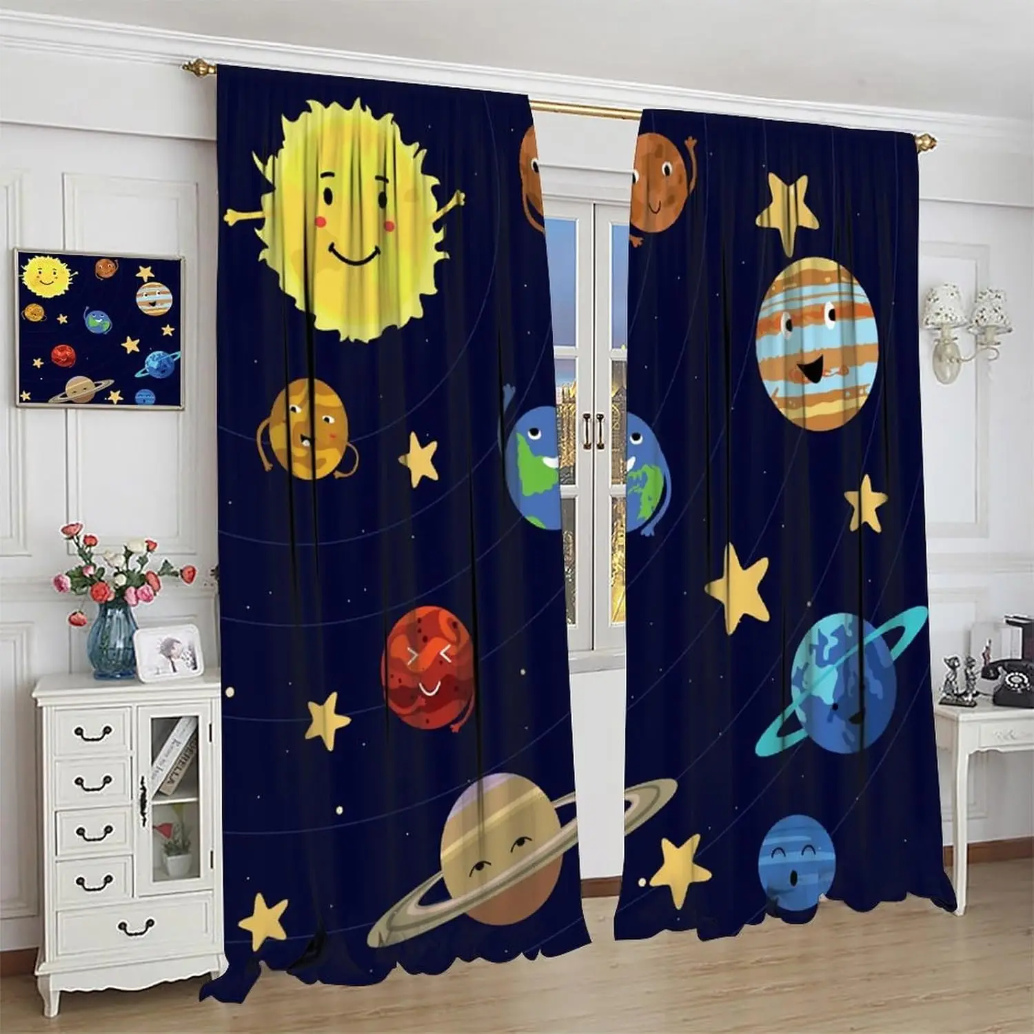 Solar System Universe Curtains，Watercolor Cartoon Outer Space Universe Knowledge Educational Learning Blackout Rod Pocket