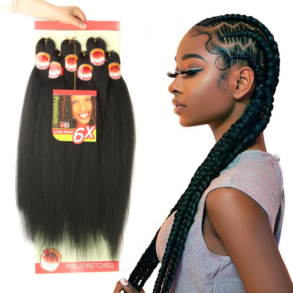Cabelo Sintético Pré-esticado para Tranças 6X, 26 Polegadas, Preto, Extensões de Cabelo Sintético para Tranças