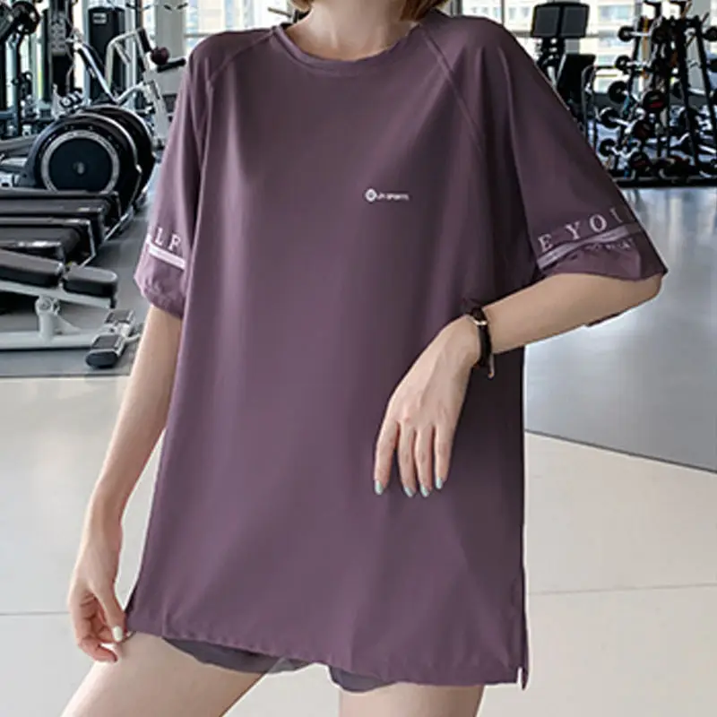 T-shirt fina da ioga da manga curta para mulheres, tamanho positivo, menina gorda, parte superior seca rápida do Gym, t-shirt dos esportes, camisa