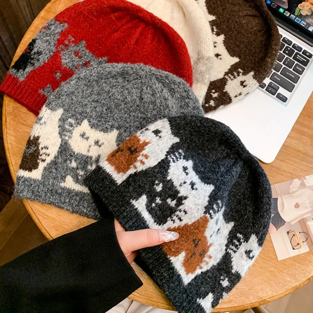 Sweet Warm Jacquard Cat Knitted Hat Printed Wool Jacquard Pattern Beanies Korean Retro Printing Knit Cap Apparel Accessories