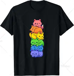 Gay Pride Cat LGBT Kawaii Cats Pile Cute Anime Rainbow Flag T-Shirt  Y2k Top  Women Clothes  Ropa Mujer Men Clothing