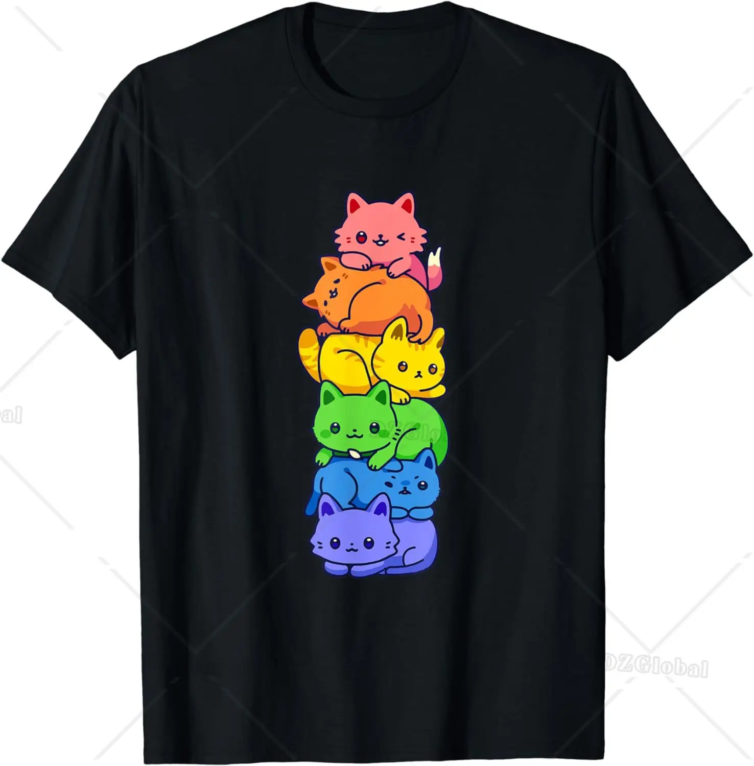 Gay Pride Cat LGBT Kawaii Cats Pile Cute Anime Rainbow Flag T-Shirt  Y2k Top  Women Clothes  Ropa Mujer Men Clothing