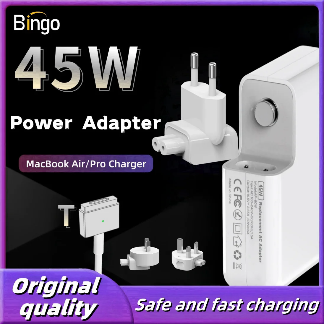 45W Magsafe 2 T Magnetic Charging Power Adapter for MacBook Air / Pro Series：A1466，A1465，A1436，Safe & Fast Charger Power Adapter