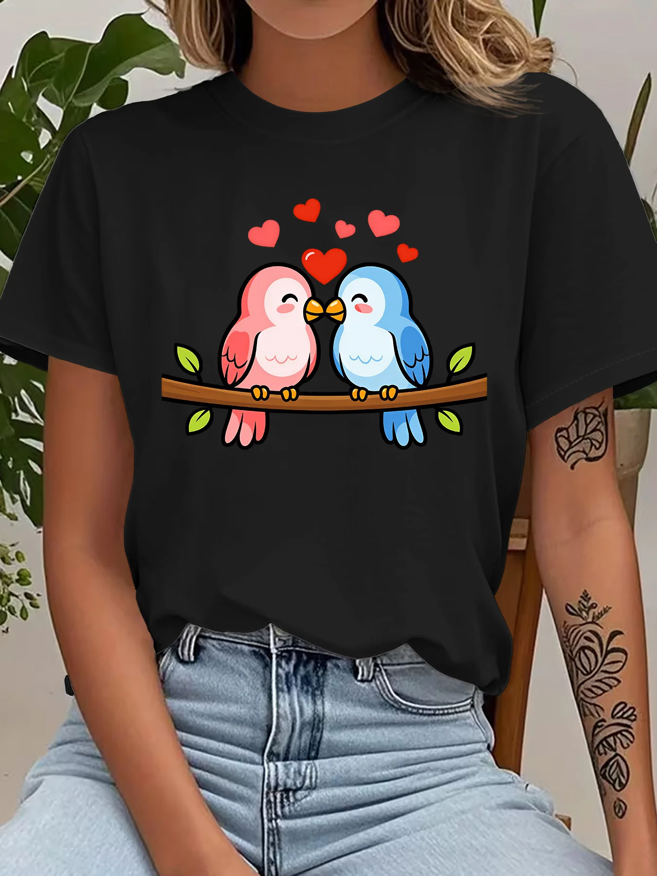 Cute Cartoon Love Birds On Twig With Sweet Hearts Art Print Graphic Ladies T Shirt Short Sleeve Crew Neck Casual Tee Tops
