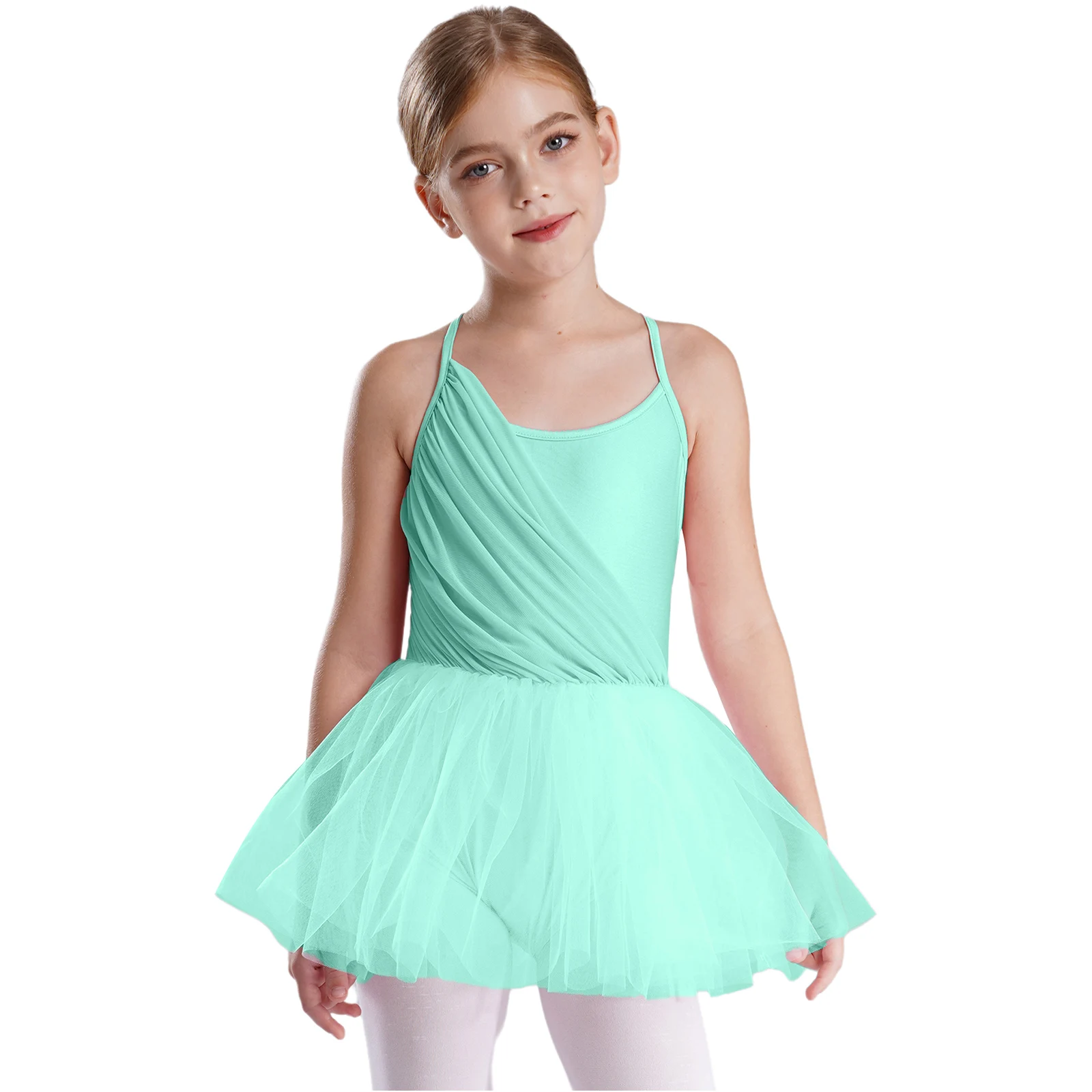 

Girls Ballet Tutu Sleeveless Ruched Mesh Layered Leotard Dress Gymnastics Skating Modern Lyrical Dance Performance Dancewear