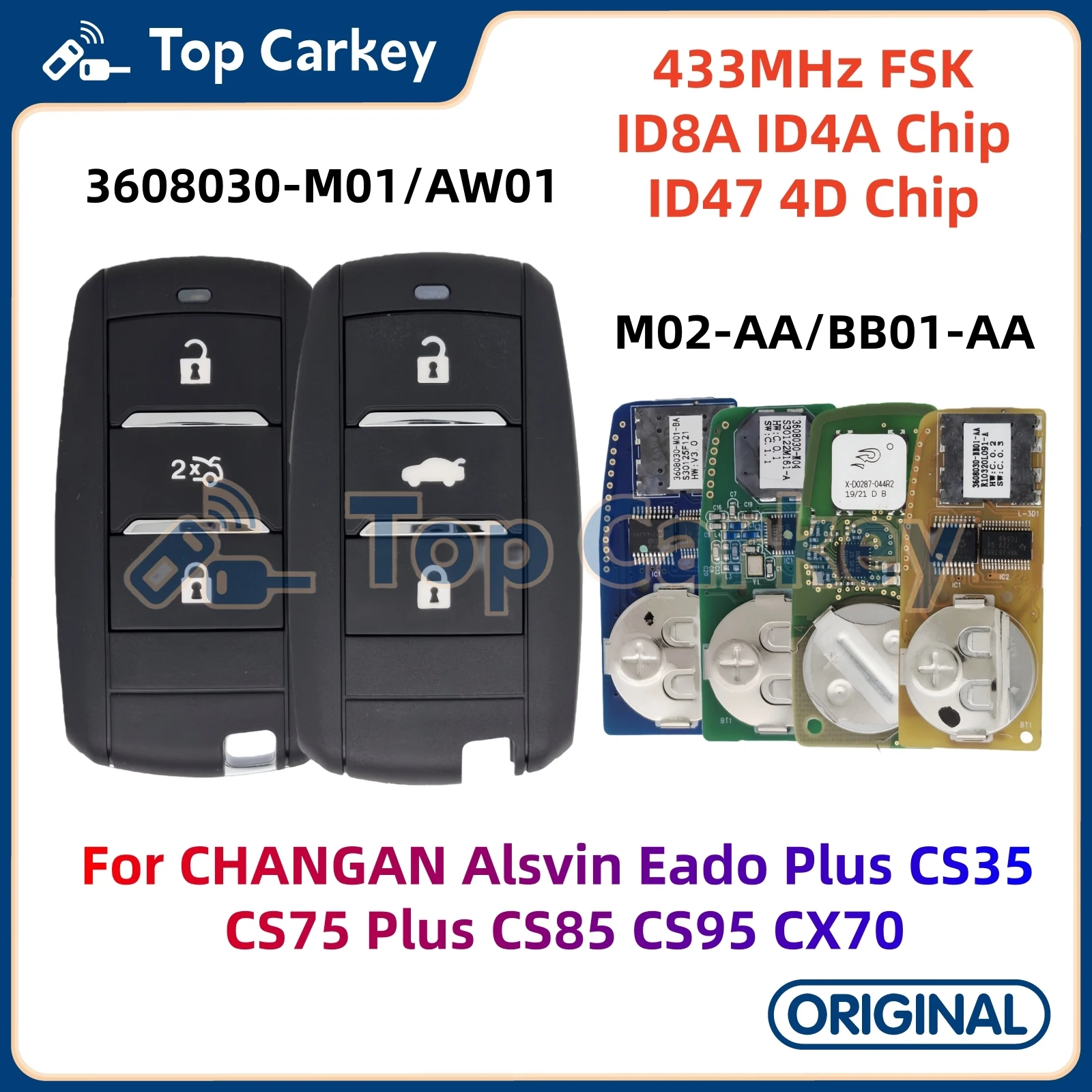

TopCarkey Original Smart Remote Key ID8A ID4A ID47 4D Chip 433MHz for CHANGAN Alsvin Eado Plus CS35 CS75 Plus CS85 CS95 CX70