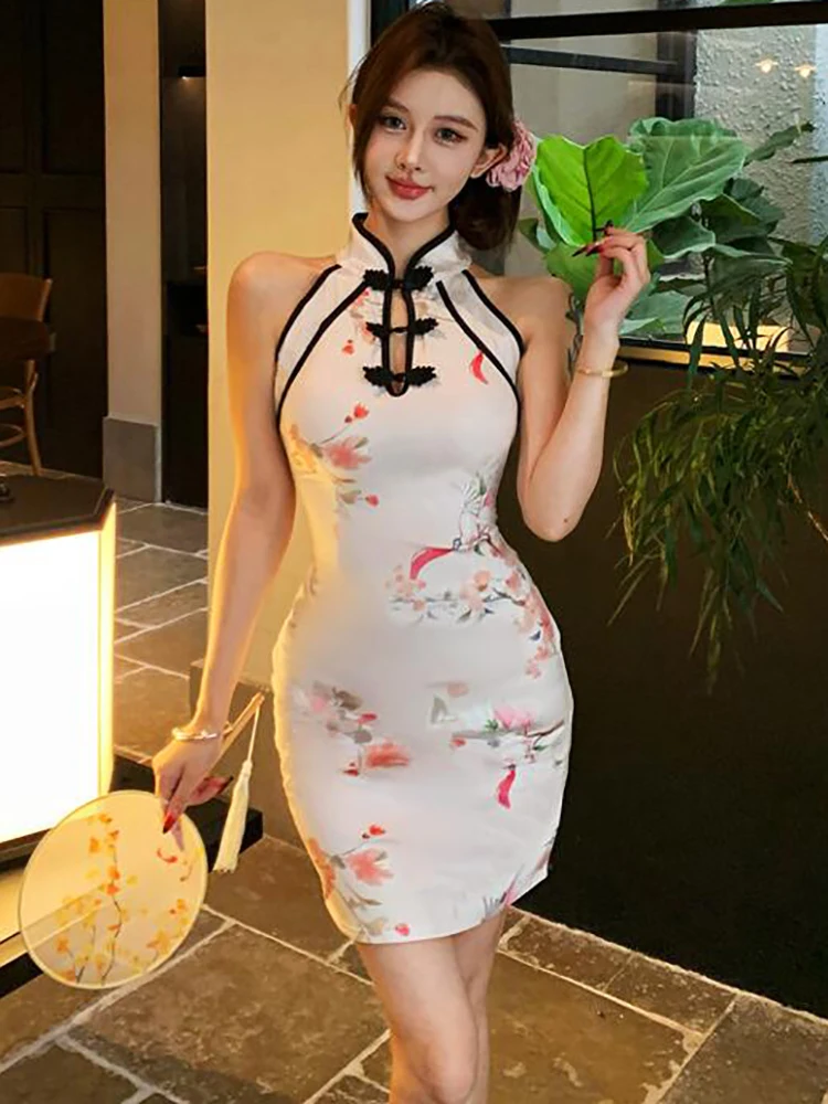 2025 White Floral Hollow Out Stand Collar Mini Dress Women Elegant Neck-mounted Sexy Dress Summer Korean Fashion Bodycon Dresses