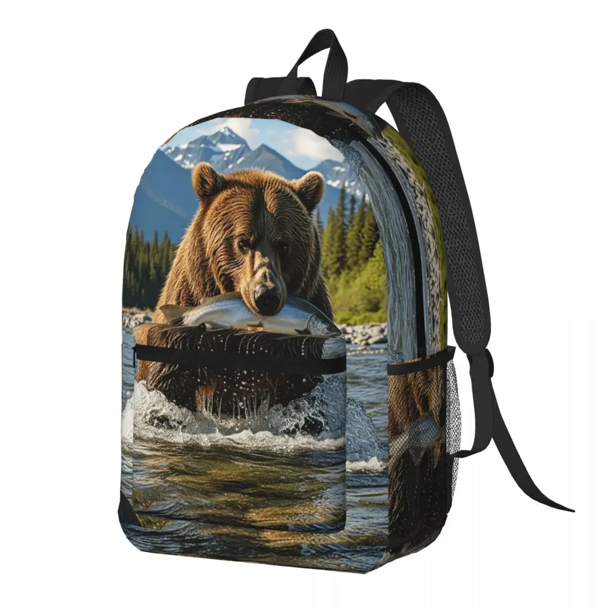 Grizzly Bear Nature Eating Fish In Stream Backpack Daypack Large Capacity Boys Girls BookBag School Bag Shoulder Bags for Unisex