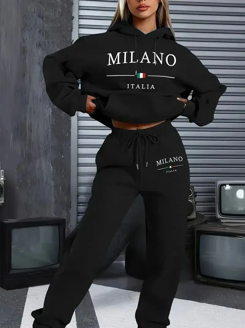 25 Milan Sudadera informal con temática italiana para mujer, pantalones deportivos, traje con pantalones largos, jersey de manga larga, traje con estampado de dibujos animados para mujer