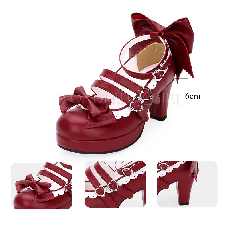 New Sweet Lolita Shoes Girls Princess Shoes Anime Cosplay Shoes Women Shoes w/Bowknot Red/Black/White/Pink Halloween High Heels