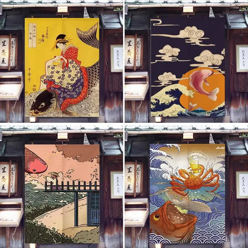Japanese Noren Door Curtain Ukiyo‑e Koi Fish Art Print Room Divider Hanging Curtain for Bar Izakaya Home Wall Decor