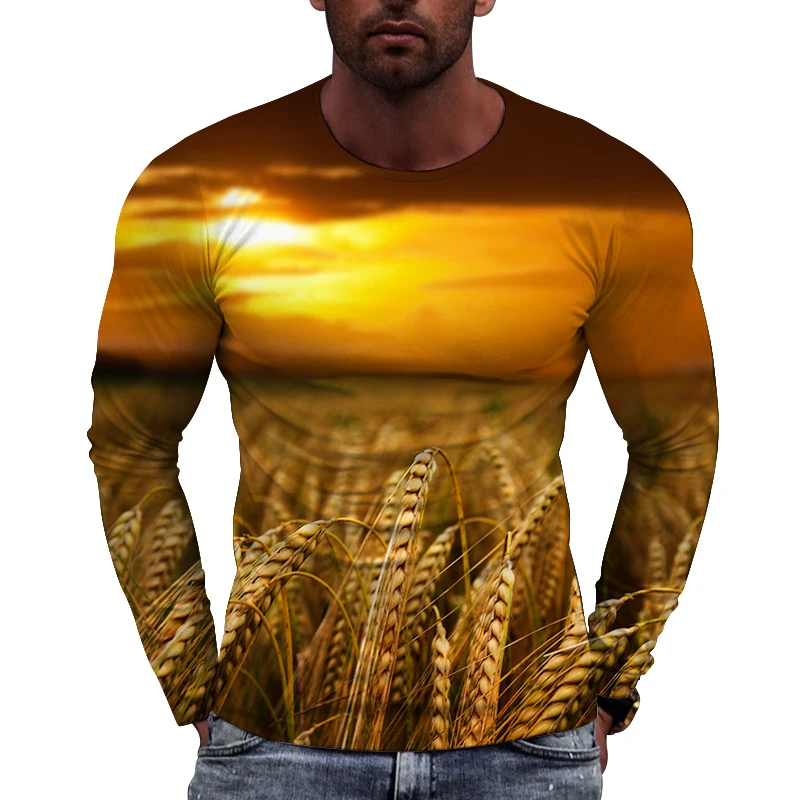 New Tide Rippling Wheat Fields  Pattern  European Size long Sleeved T-shirt For Men's Casual Autumn Trend Top Round Neck Tees