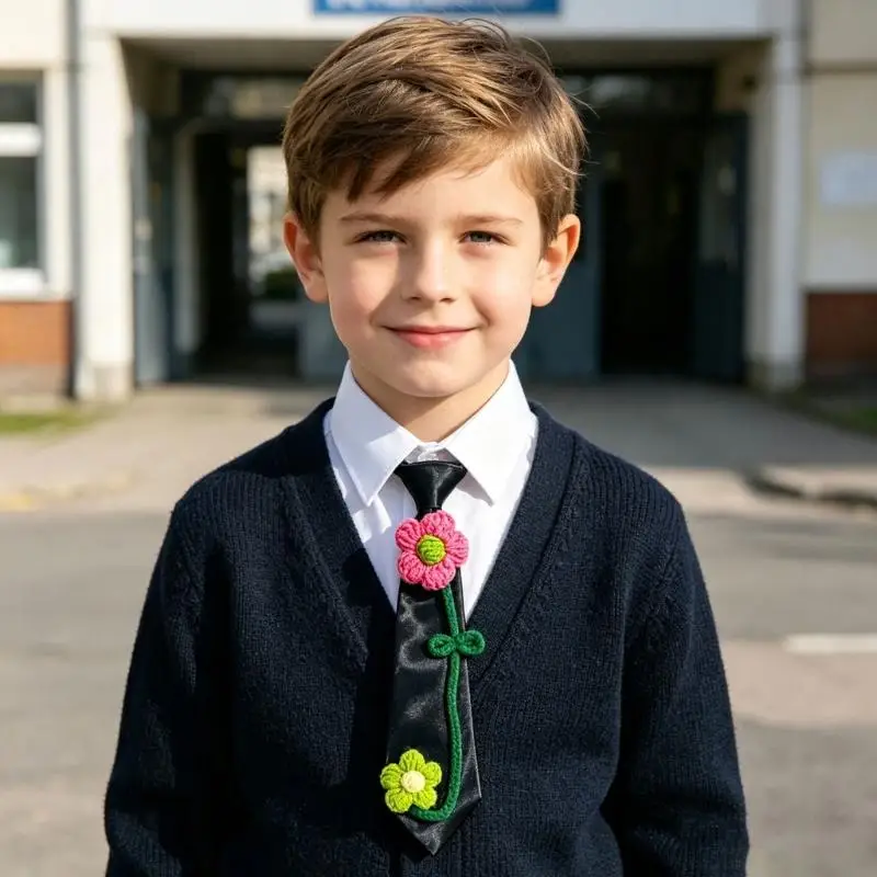 A52E Children Flower Party Tie Pull On Design, Black Pointed Polyester Necktie for School Shows, Parties, and Photo Outfits