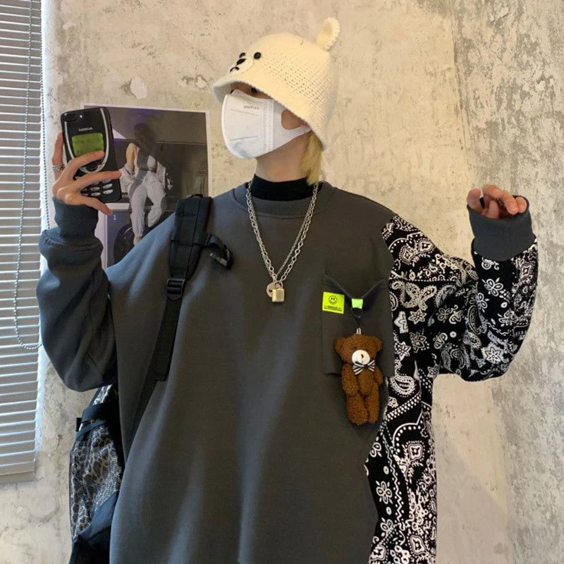 Autumn Winter Cashew Flowers Spliced Men O Neck Long Sleeve Sweatshirts Teenagers Korean Fashion Hip Hop Punk 2xl Oversized Tops