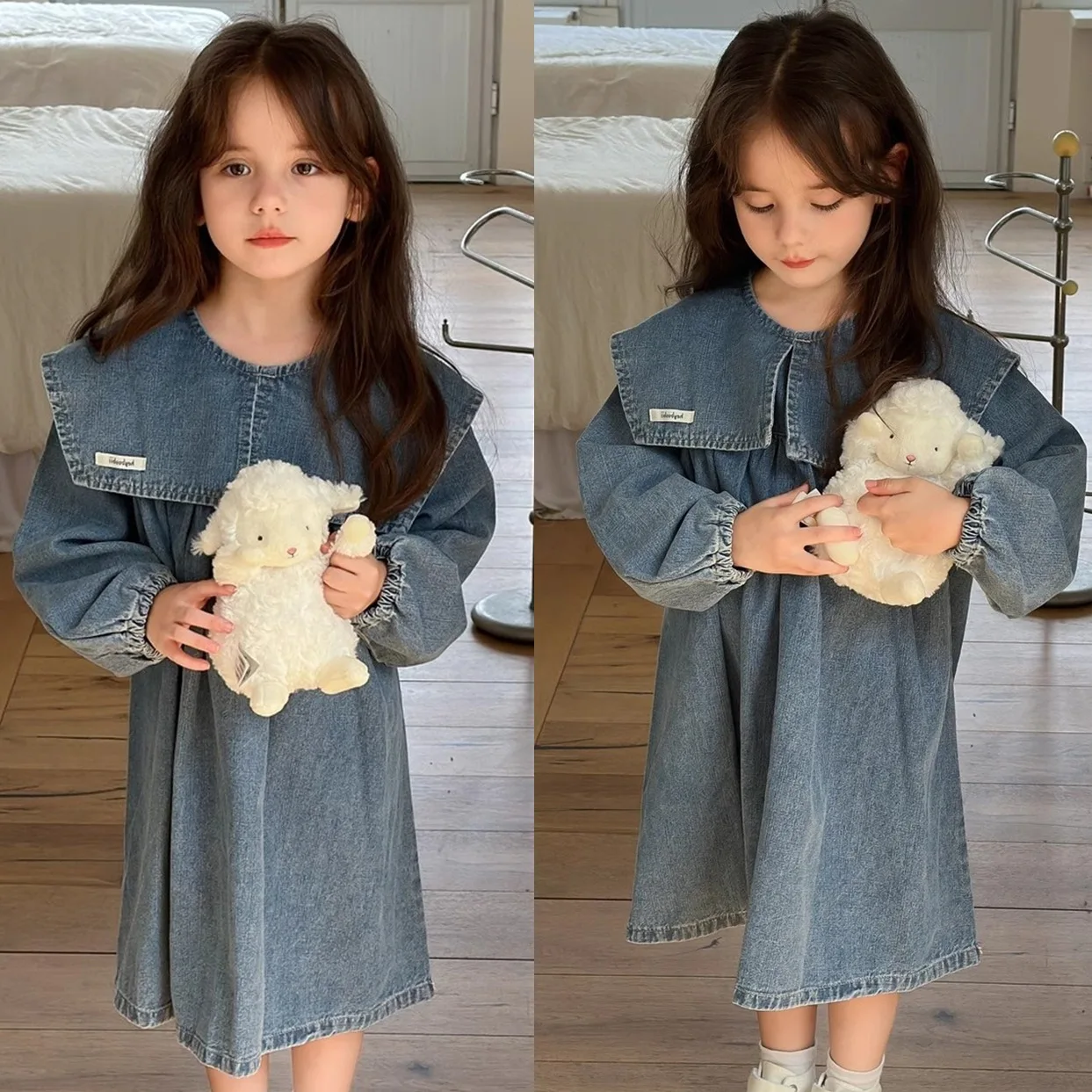 Girls' skirt  big collar washed denim dress A-line skirt 2025 Spring and Autumn  new foreign trade outfit