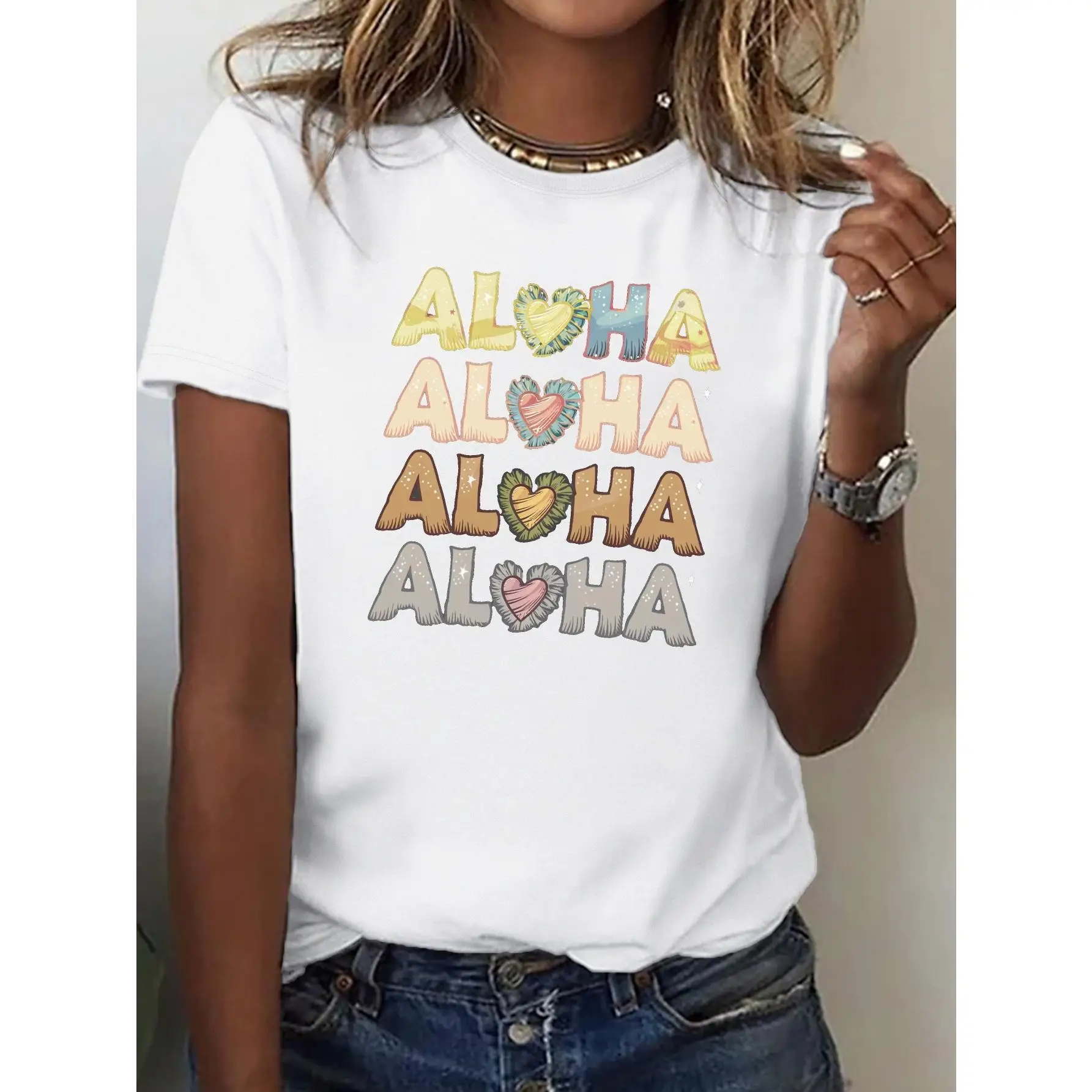 

Aloha T-shirt Women Summer Holiday Graphic Cute Heart Print Hawaiian Casual Tee