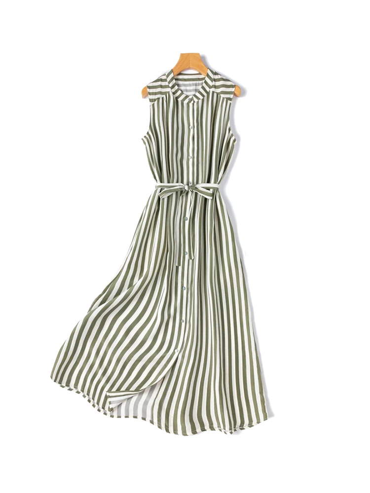 Robe débardeur en soie pour femmes, 100% soie de mûrier, rayures vert Olive, imprimé, sans manches, boutons, longue robe mi-longue, été, M1423