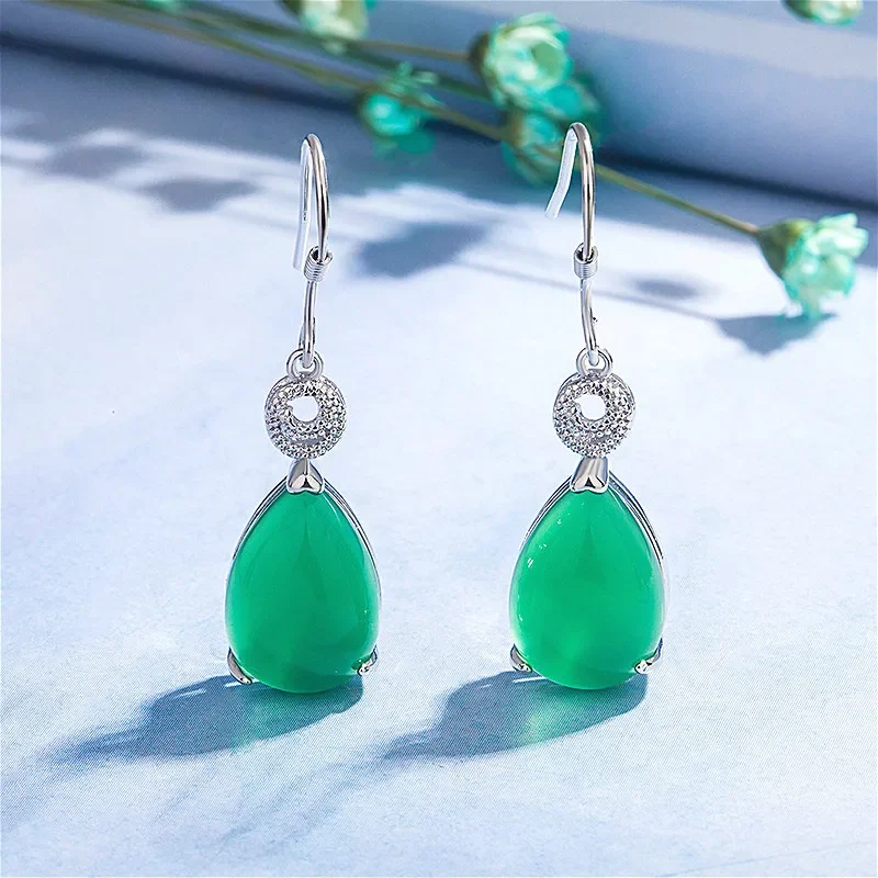 Natural Green Jade Chalcedony Water Drop Earrings 925 Silver Carved Charm Jadeite Jewelry Fashion Amulet for Women Gifts