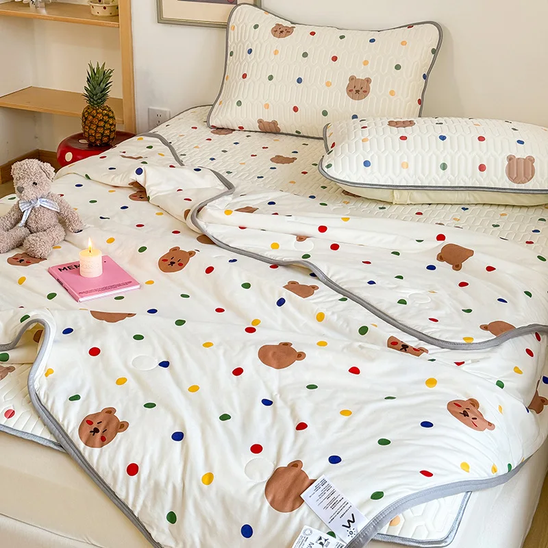 1Pc A-Class Summer Cartoon Knitted Cotton Summer Quilt, Machine Washable Thin Quilt for Single Double Bed