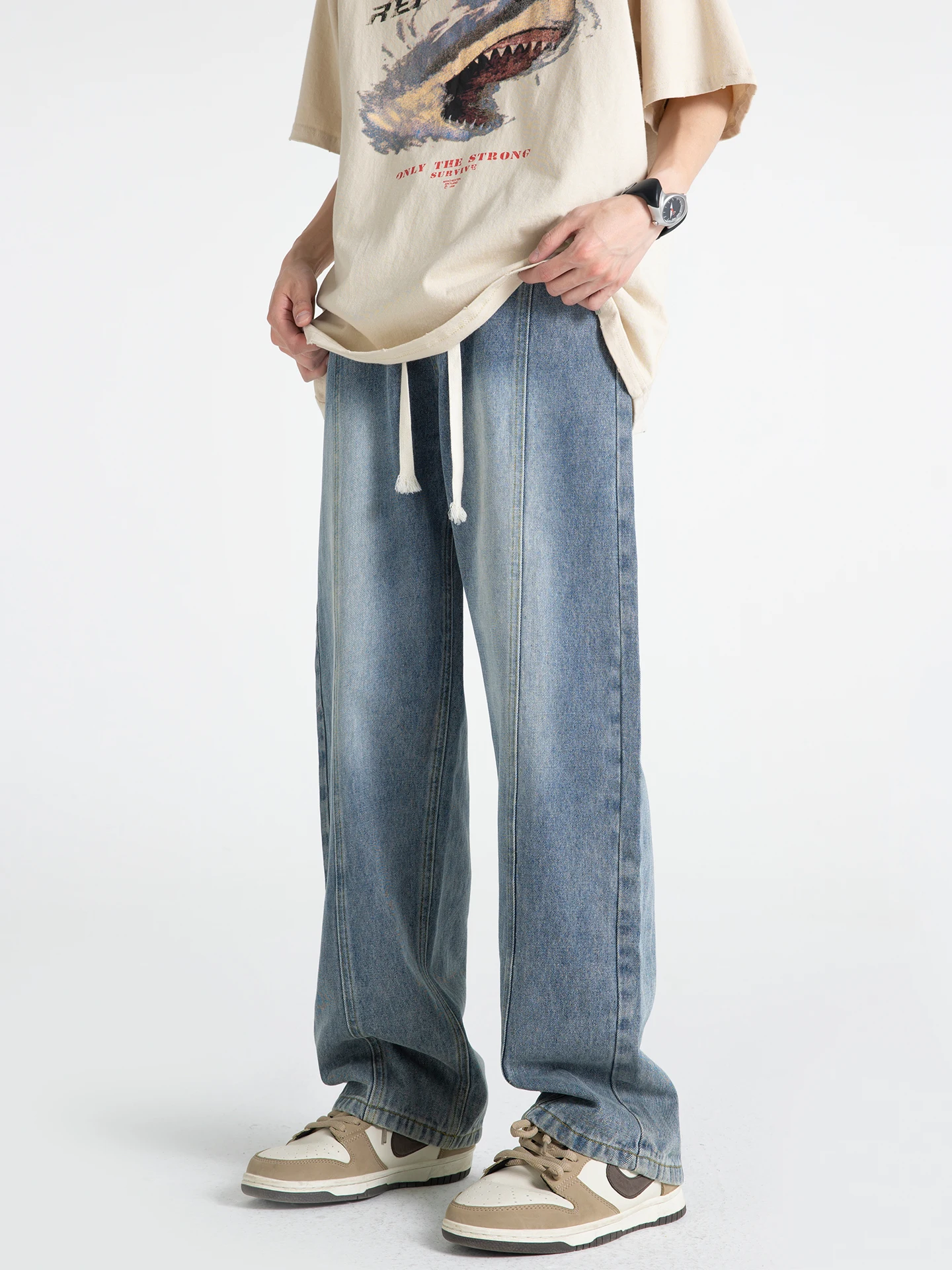 

Мужские джинсы в стиле ретро, синие, прямого кроя, повседневные, в американском стиле, широкие, свободные, удобные, больших размеров, из хлопкового денима