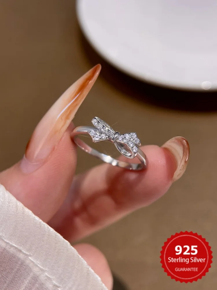 925 Sterling Silver Zircon Simplicity Sweet Bowknot Shiny Ring For Women Engagement Wedding Luxury High Quality Fine Jewelry